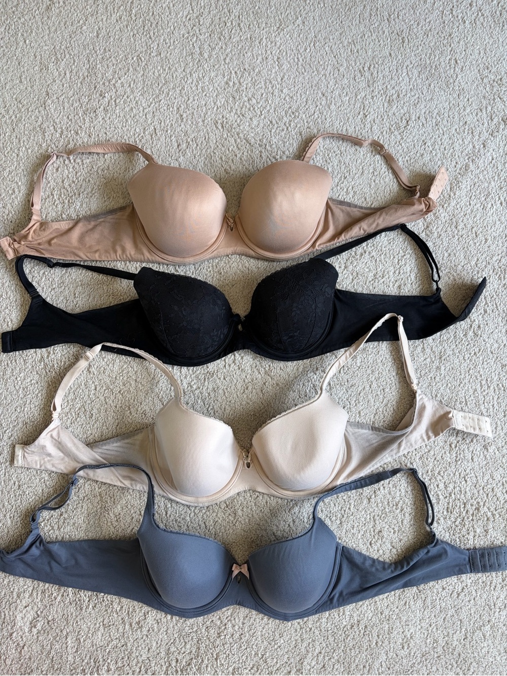 Set of 4 Victoria's Secret Padded Underwire Bras - Black, Nude, Ivory, Gray-Blue